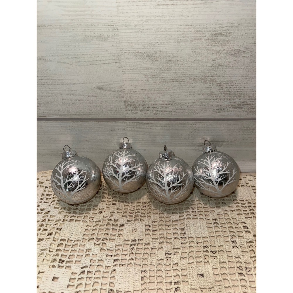 Silver Glass Christmas Ornaments Set of 4 White Glitter Winter Tree Baubles
